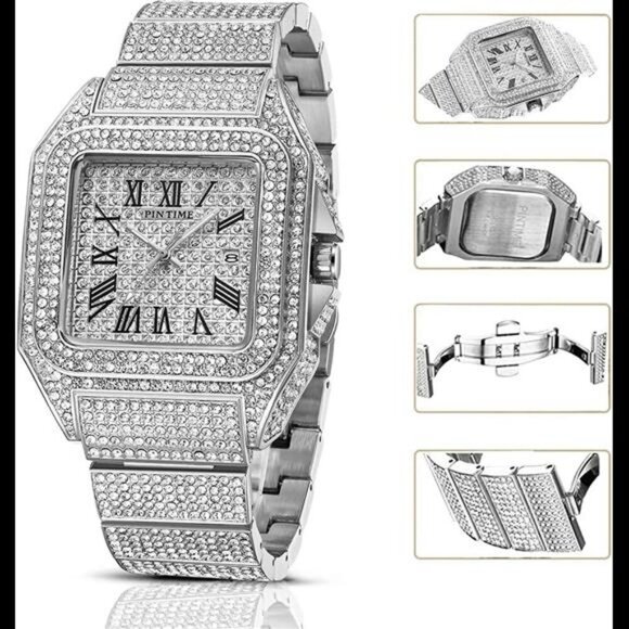 Hip Hop Men's Crystal Watch Bling Bling Watch Rectangle Case Stainless Steel - Picture 4 of 7